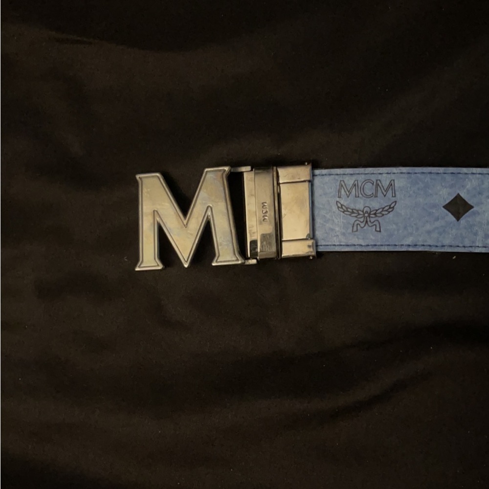 Light Blue/Black MCM Claus M Reversible Belt 1.75” in Visetos
